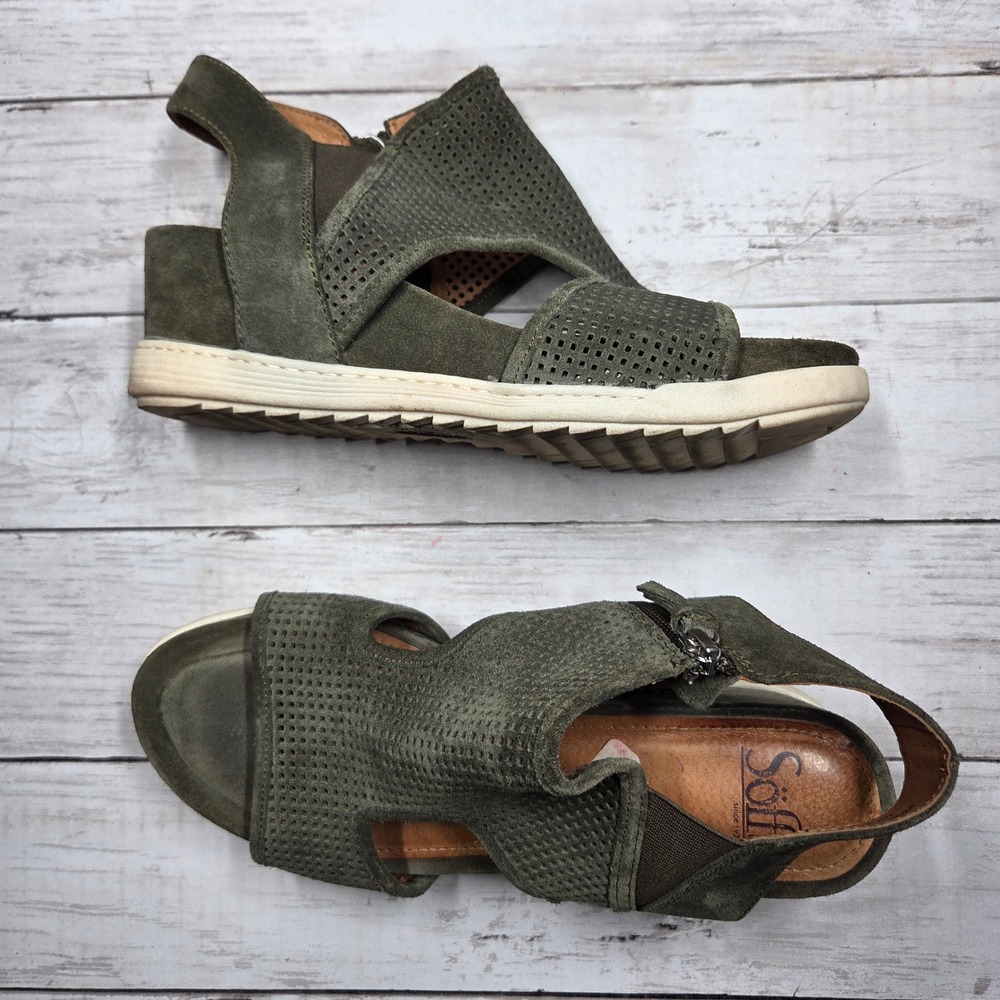 Sofft Shandi Wedge Sandals Perforated Suede Womens 9M Olive Green SF0044306